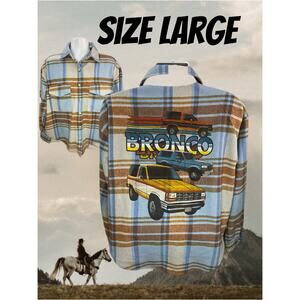 Ford Bronco Large Womens Blue Long Sleeve Button Up Flannel Shirt